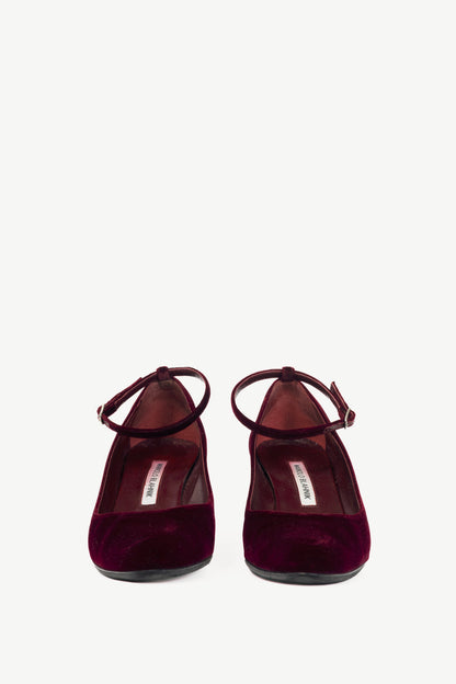 Manolo Blahnik Listony Strap Bordo Velvet Pumps