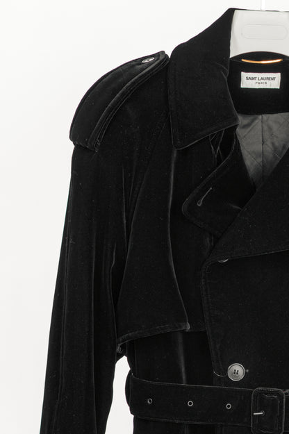 Saint Laurent AW23 Runway Noir Velvet Belted Double-Breasted Trench Coat