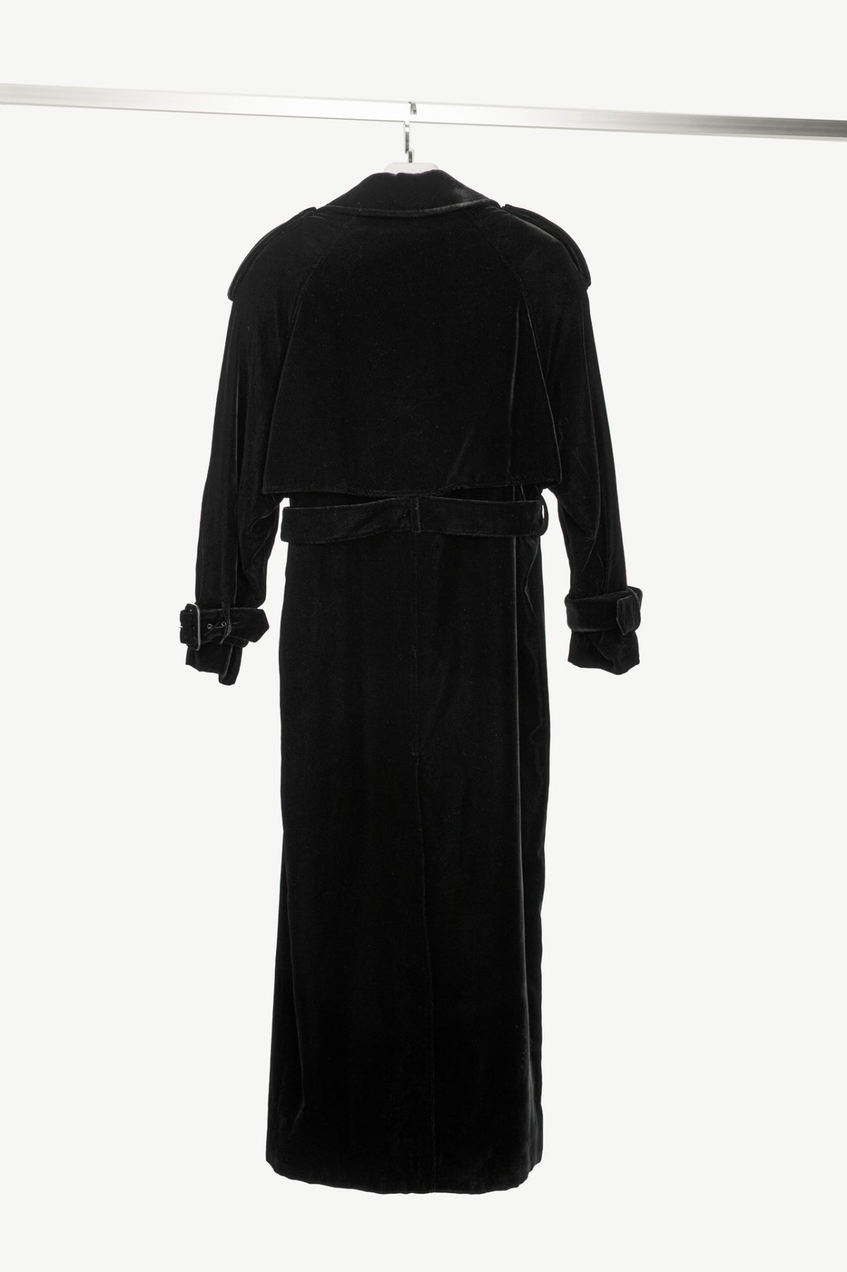 Saint Laurent AW23 Runway Noir Velvet Belted Double-Breasted Trench Coat