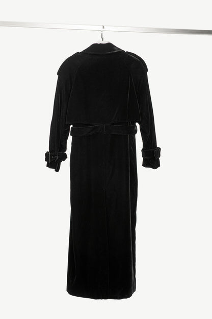 Saint Laurent AW23 Runway Noir Velvet Belted Double-Breasted Trench Coat
