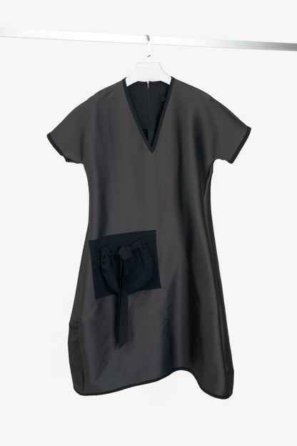 Marie Saint Pierre Grey Taffeta Asymmetrical Pocket Dress