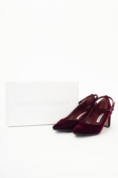 Manolo Blahnik Listony Strap Bordo Velvet Pumps