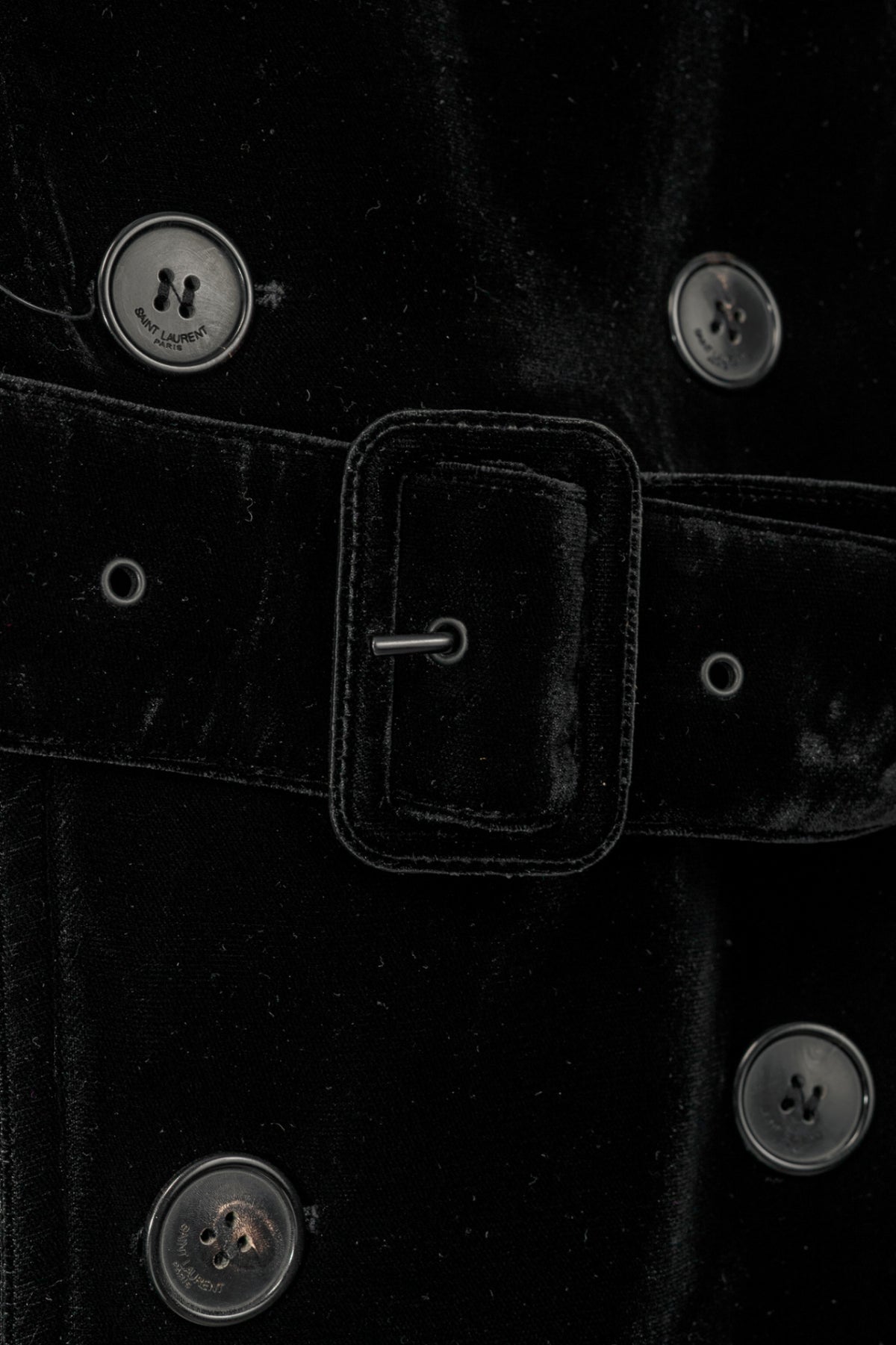 Saint Laurent AW23 Runway Noir Velvet Belted Double-Breasted Trench Coat