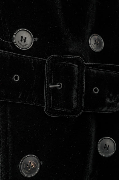 Saint Laurent AW23 Runway Noir Velvet Belted Double-Breasted Trench Coat