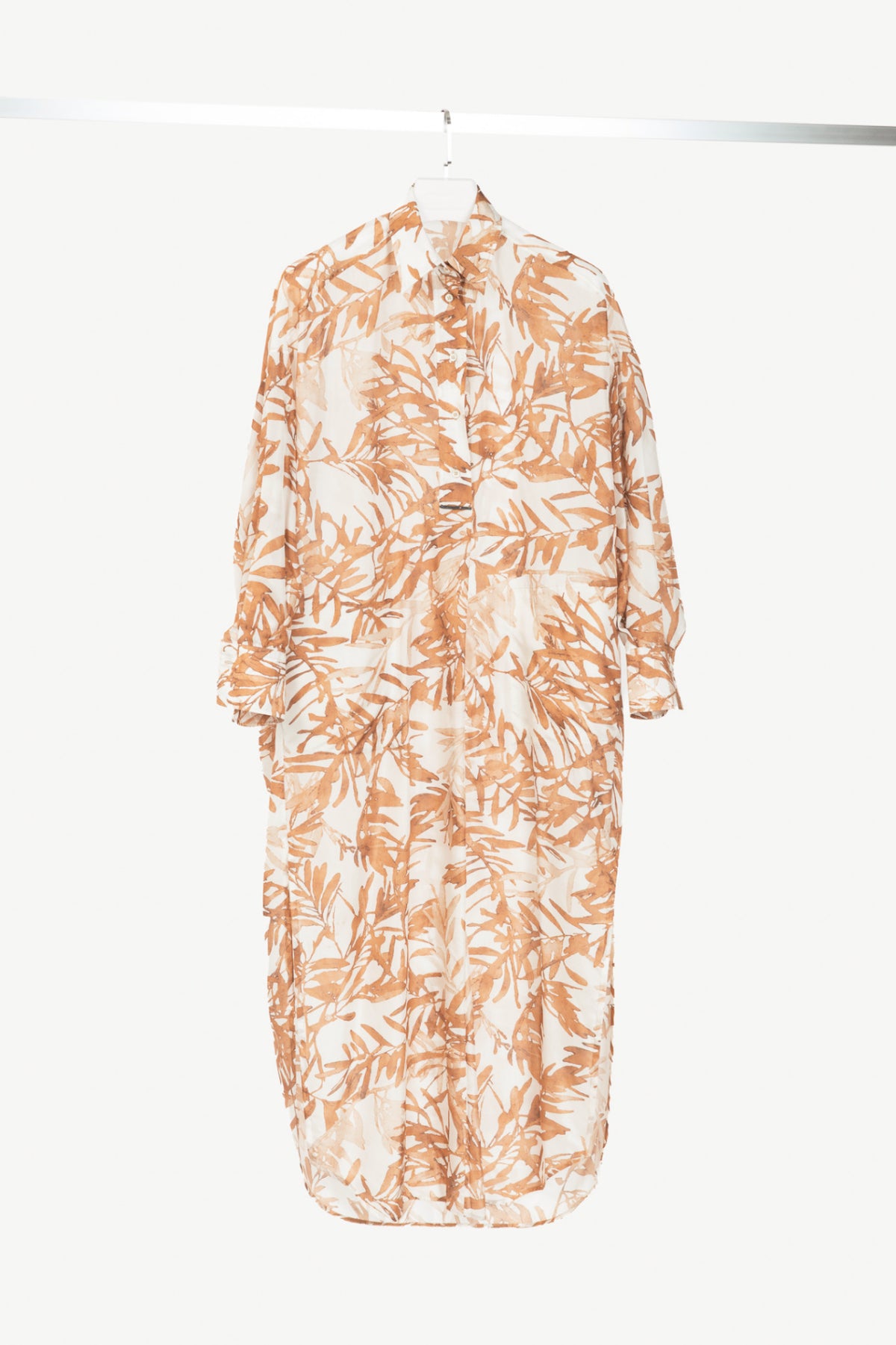 Brunello Cucinelli SS25 Natural Herbarium-Print Silk Shirt Dress