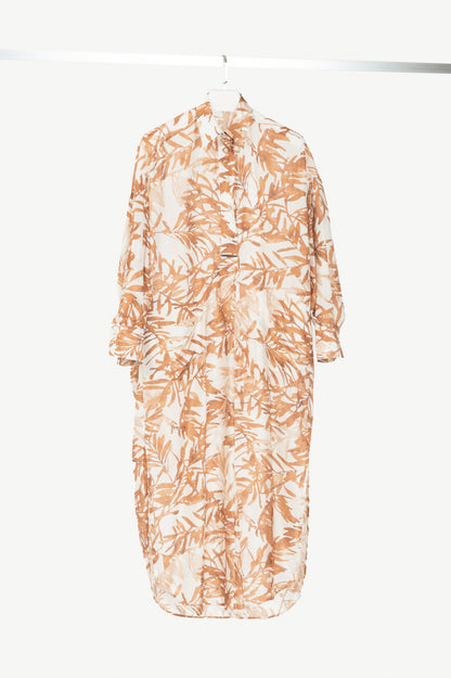 Brunello Cucinelli SS25 Natural Herbarium-Print Silk Shirt Dress