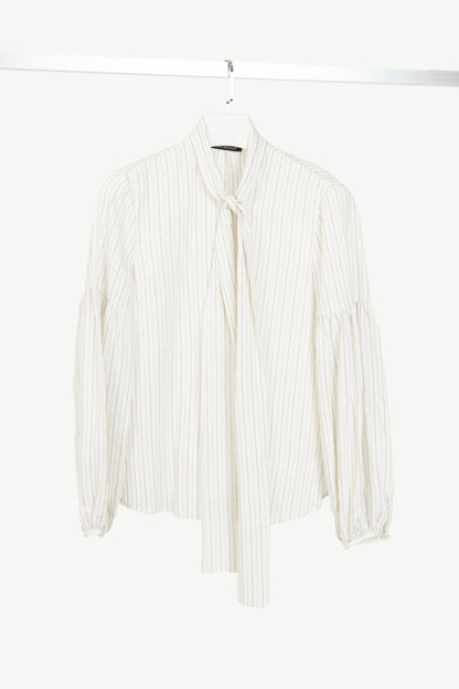 Luisa Cerano White Pinstripe Tie-Neck Viscose Blouse