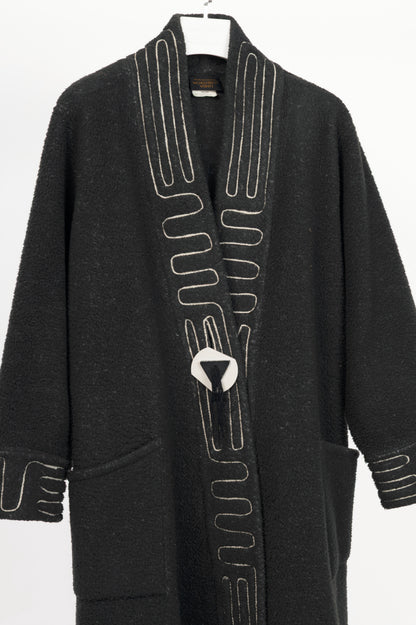 Linda Lundstrom Grey Fleece Embroidered Buttoned Coat