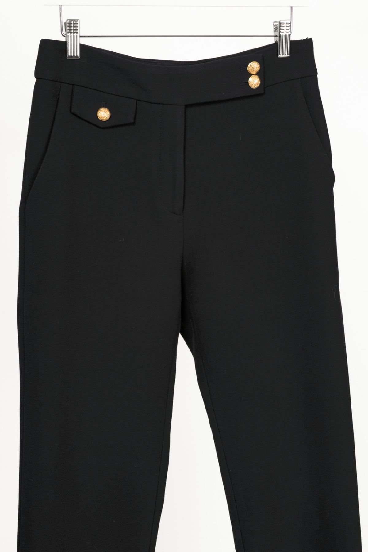 Veronica Beard Renzo Black & Gold Crest Button Cropped Slim-Leg Pants