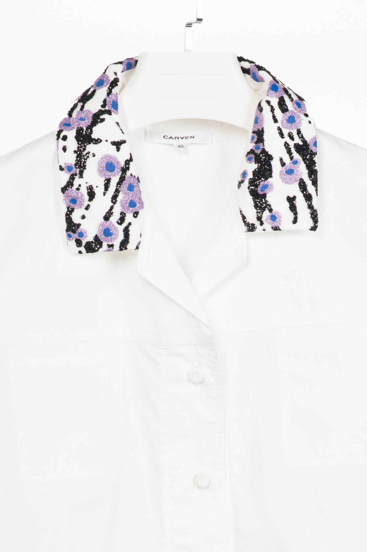 Carven SS16 Blanc Optique Cotton-Poplin Glitter-Collar Buttoned Shirt