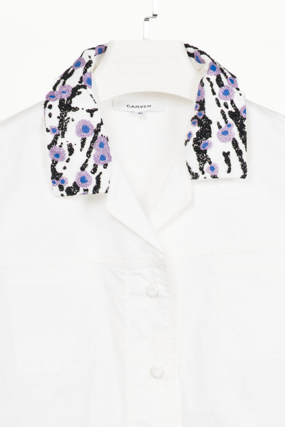 Carven SS16 Blanc Optique Cotton-Poplin Glitter-Collar Buttoned Shirt
