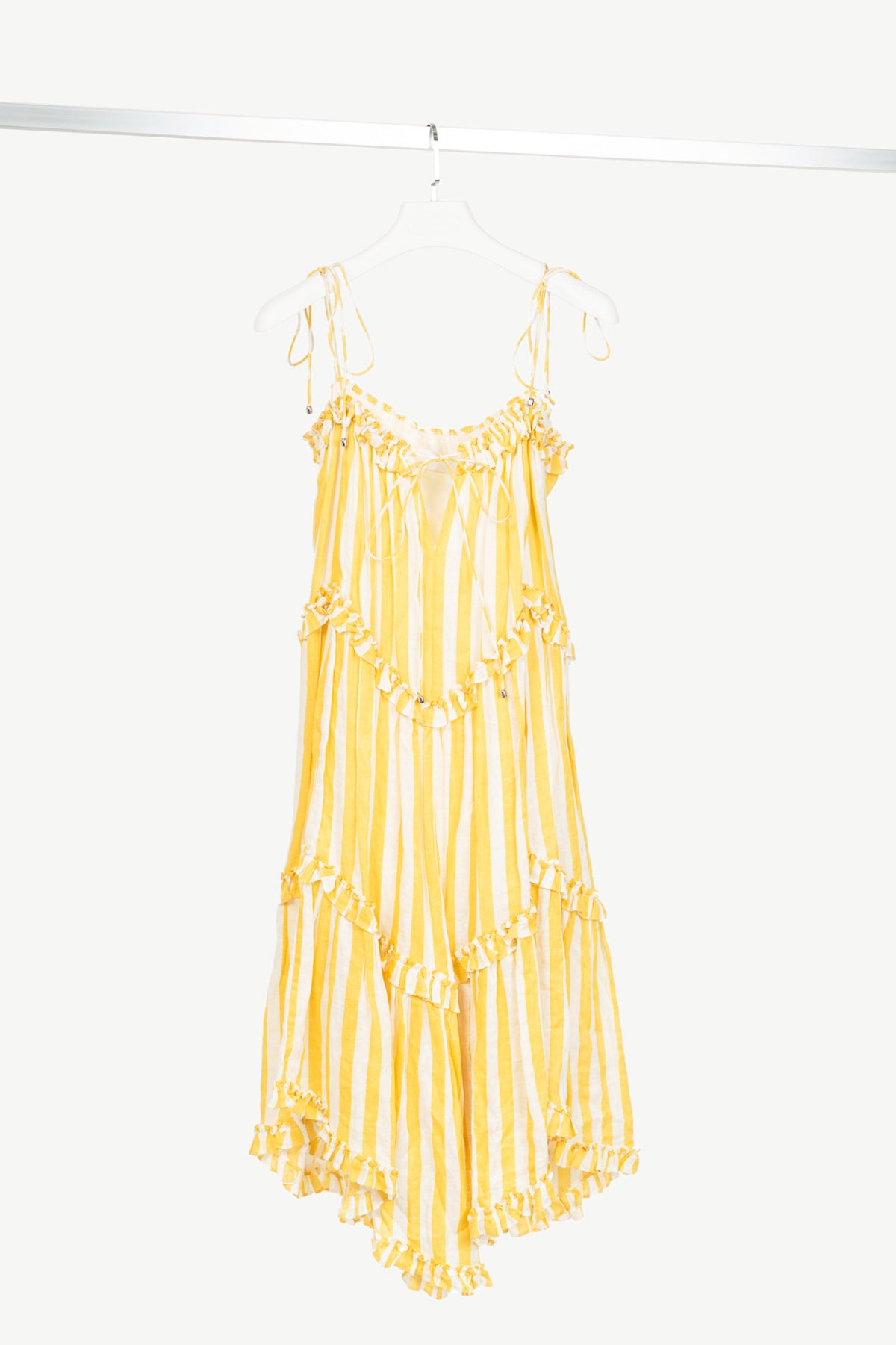 Zimmermann Lumino Yellow Asymmetric Ruffled Striped Linen Midi Dress