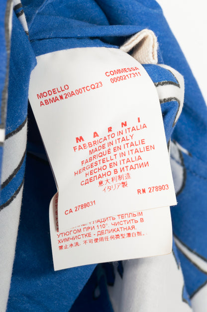 Marni R14 Blue & White "Hollow Frond" Floral Cotton-Poplin Dress