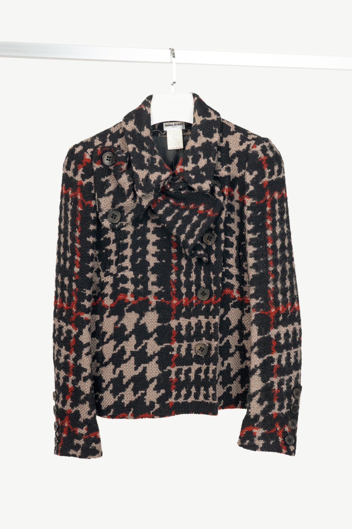 Sonia Rykiel Grey & Black Houndstooth Wool Bow Jacket
