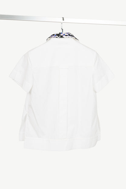 Carven SS16 Blanc Optique Cotton-Poplin Glitter-Collar Buttoned Shirt