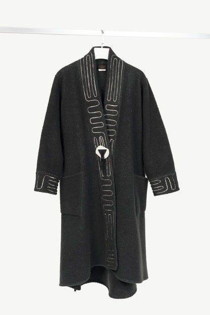 Linda Lundstrom Grey Fleece Embroidered Buttoned Coat