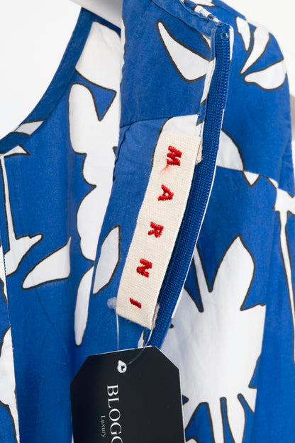 Marni R14 Blue & White "Hollow Frond" Floral Cotton-Poplin Dress