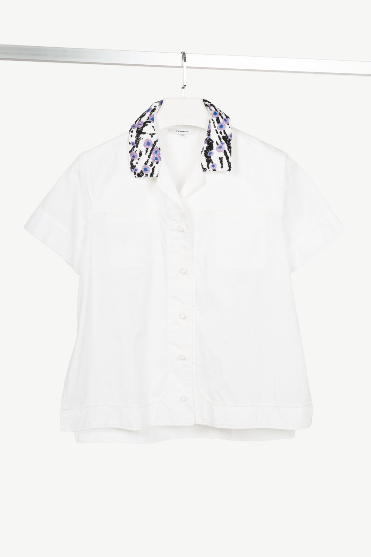 Carven SS16 Blanc Optique Cotton-Poplin Glitter-Collar Buttoned Shirt