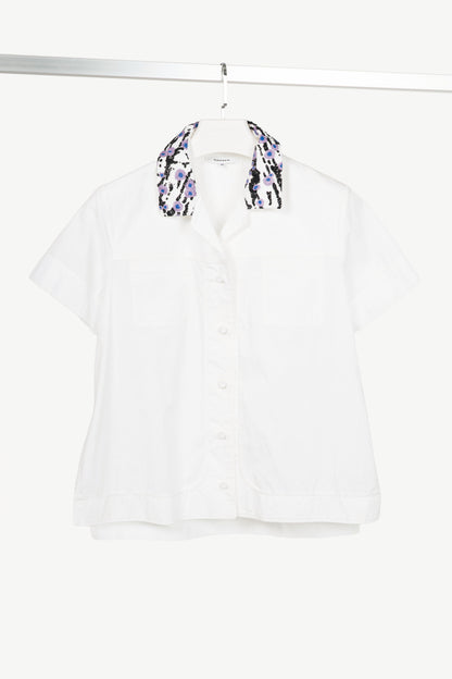 Carven SS16 Blanc Optique Cotton-Poplin Glitter-Collar Buttoned Shirt