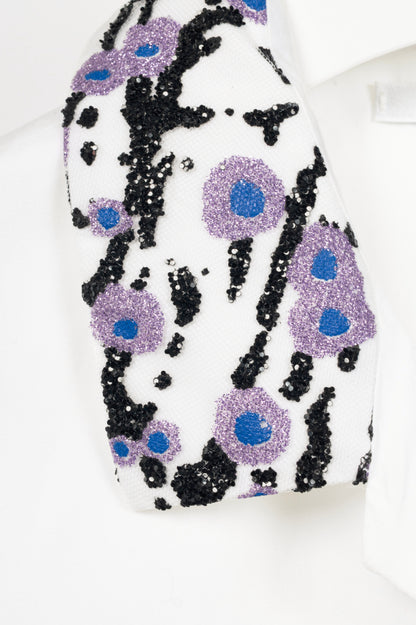 Carven SS16 Blanc Optique Cotton-Poplin Glitter-Collar Buttoned Shirt