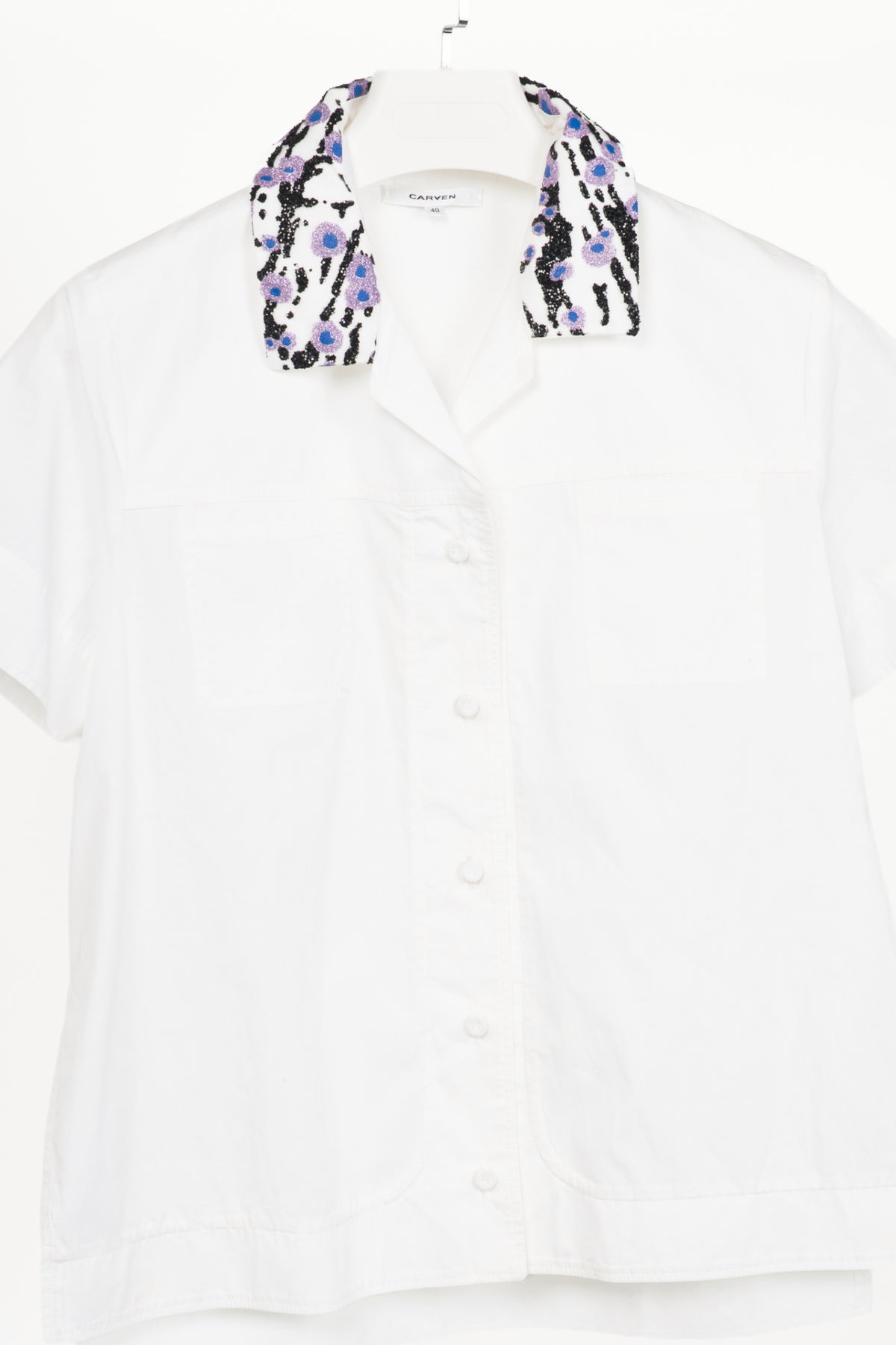 Carven SS16 Blanc Optique Cotton-Poplin Glitter-Collar Buttoned Shirt