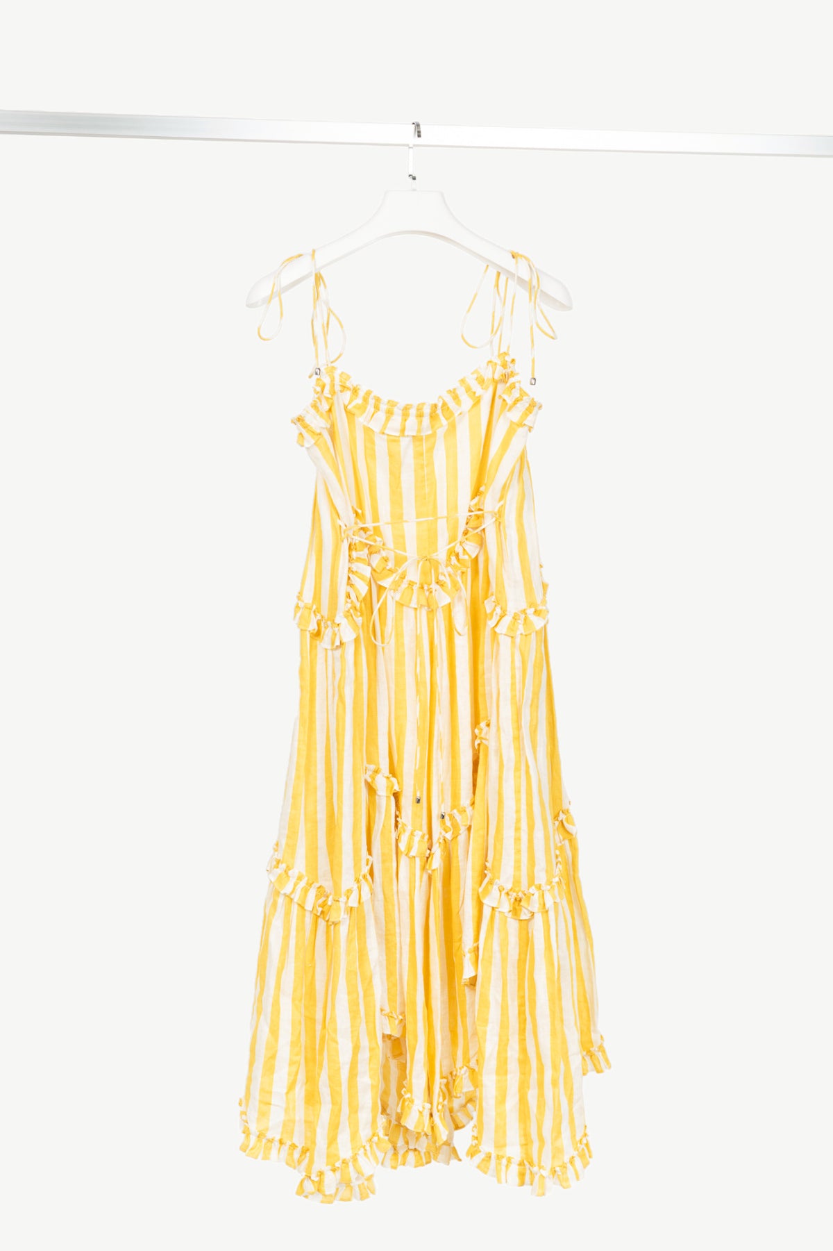 Zimmermann Lumino Yellow Asymmetric Ruffled Striped Linen Midi Dress