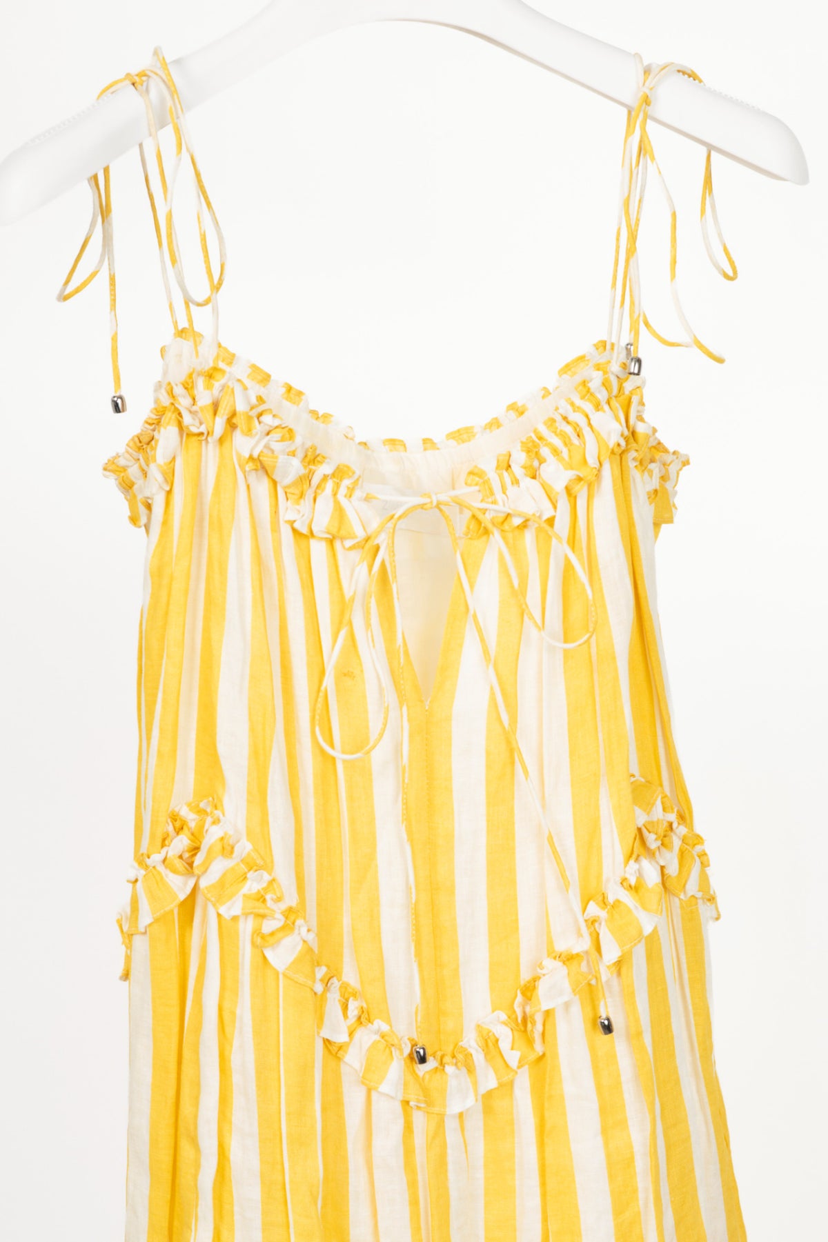 Zimmermann Lumino Yellow Asymmetric Ruffled Striped Linen Midi Dress