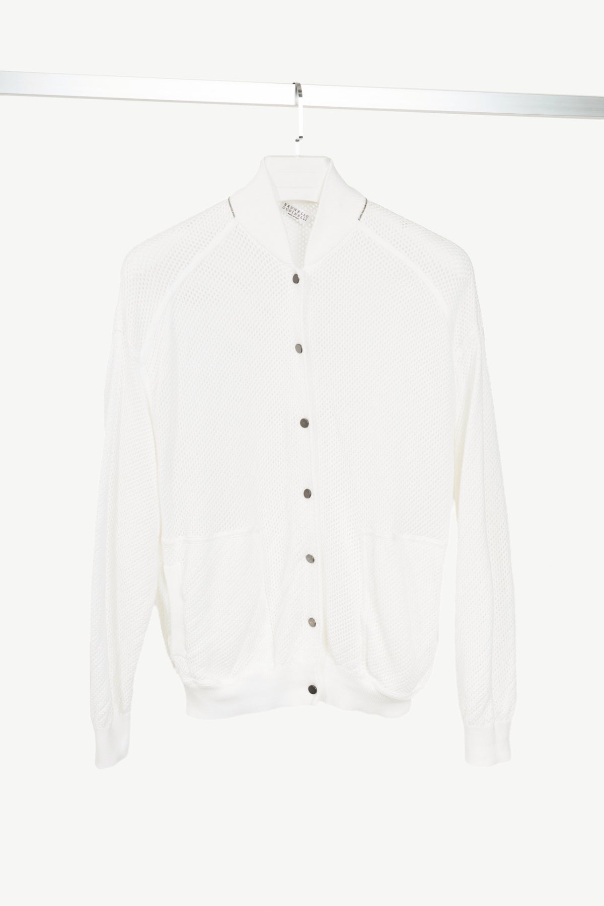 Brunello Cucinelli SS22 White Mesh-Knit Monili-Trim Bomber