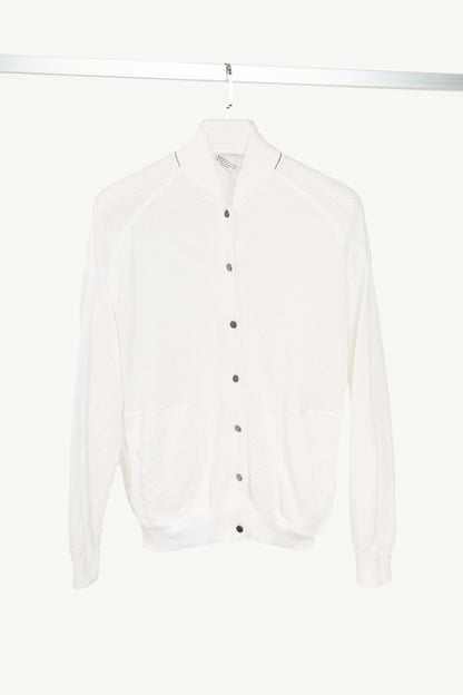 Brunello Cucinelli SS22 White Mesh-Knit Monili-Trim Bomber