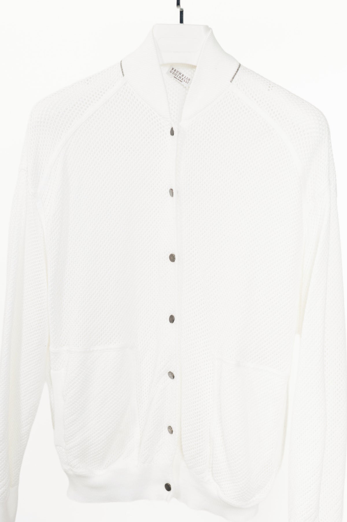Brunello Cucinelli SS22 White Mesh-Knit Monili-Trim Bomber