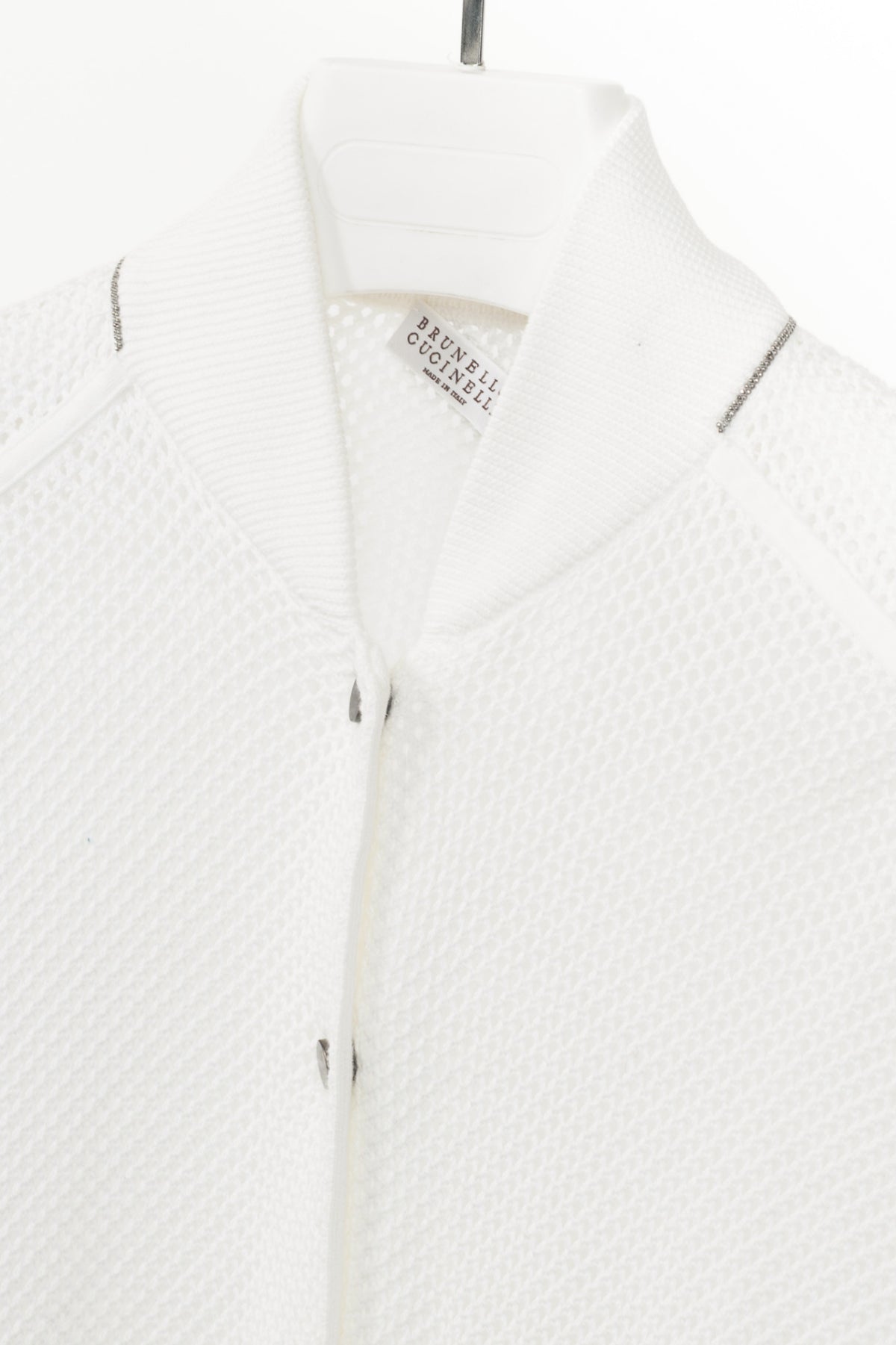 Brunello Cucinelli SS22 White Mesh-Knit Monili-Trim Bomber