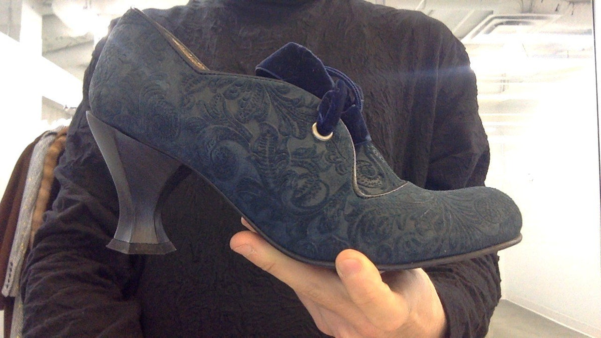 John Fluevog Brocade teal velvet lace up heels