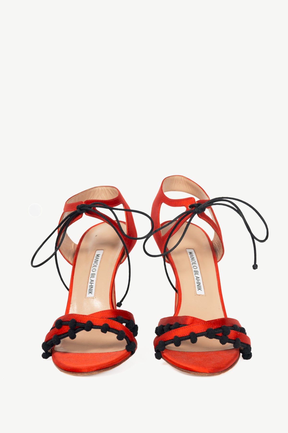 Manolo Blahnik Esparra Red Silk Pompom Tie Sandals