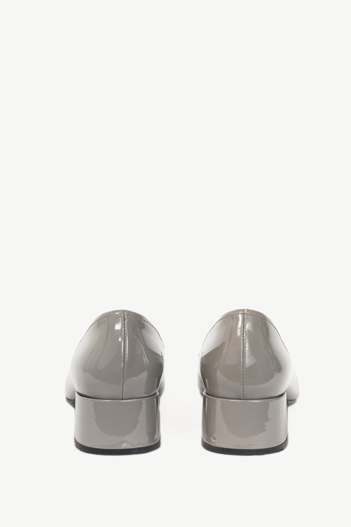 Prada Grey Patent-Leather Bow Block-Heel Pumps