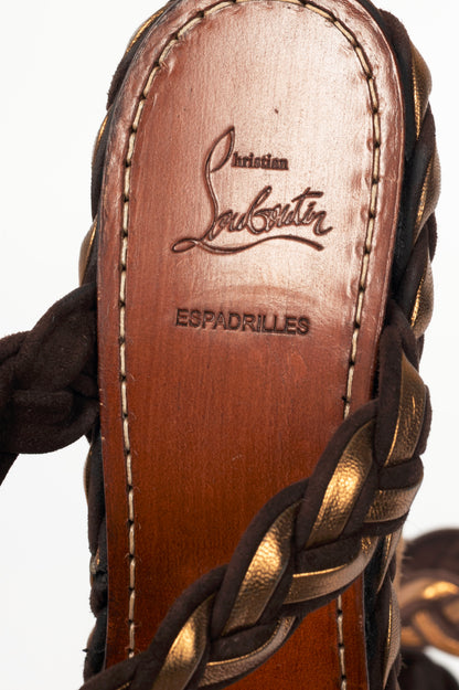 Christian Louboutin Cadena Tresse 140 Brown Suede & Nappa Espadrille Wedge Sandals