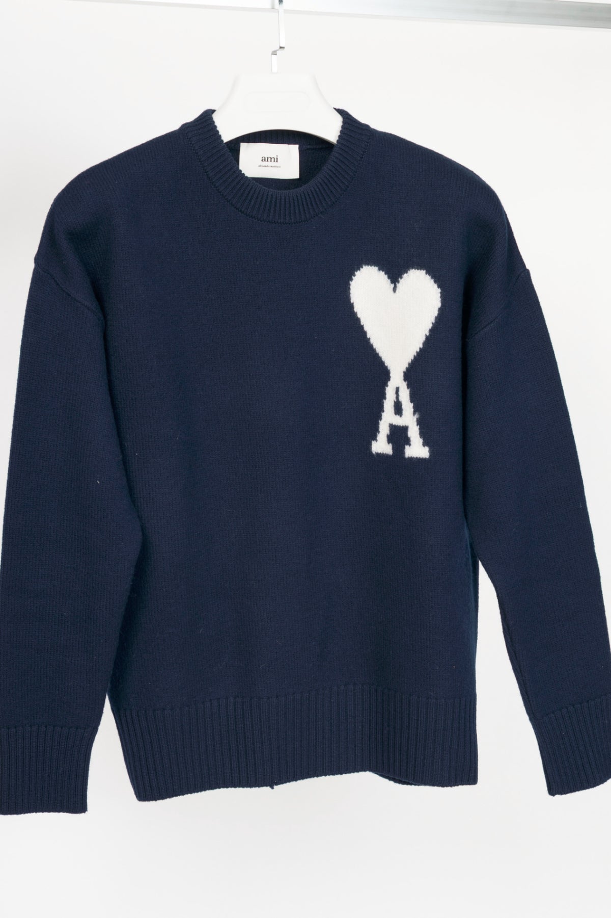 AMI Nautic Blue & White Wool Ami De Coeur Crewneck Sweater
