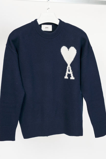 AMI Nautic Blue & White Wool Ami De Coeur Crewneck Sweater