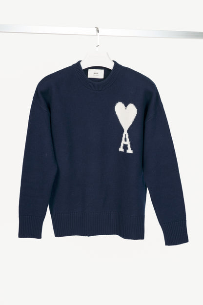 AMI Nautic Blue & White Wool Ami De Coeur Crewneck Sweater