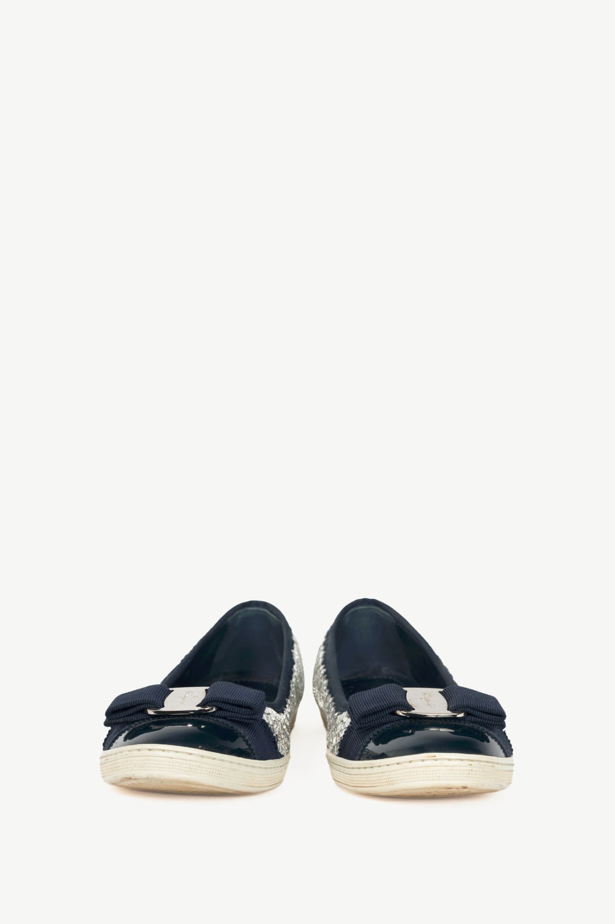 Salvatore Ferragamo Ruffina Navy Embellished Bow Flats