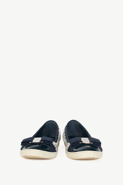 Salvatore Ferragamo Ruffina Navy Embellished Bow Flats