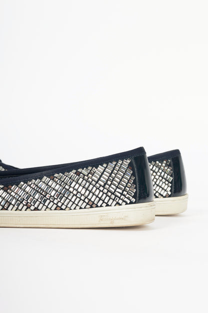 Salvatore Ferragamo Ruffina Navy Embellished Bow Flats