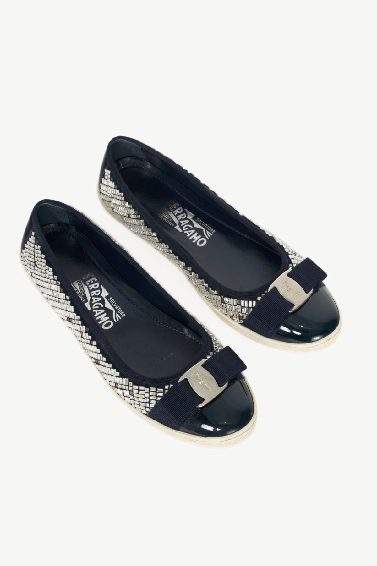Salvatore Ferragamo Ruffina Navy Embellished Bow Flats