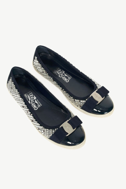 Salvatore Ferragamo Ruffina Navy Embellished Bow Flats