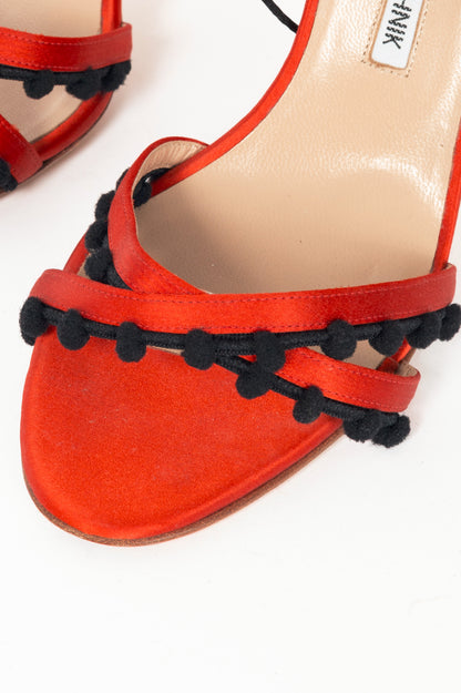 Manolo Blahnik Esparra Red Silk Pompom Tie Sandals