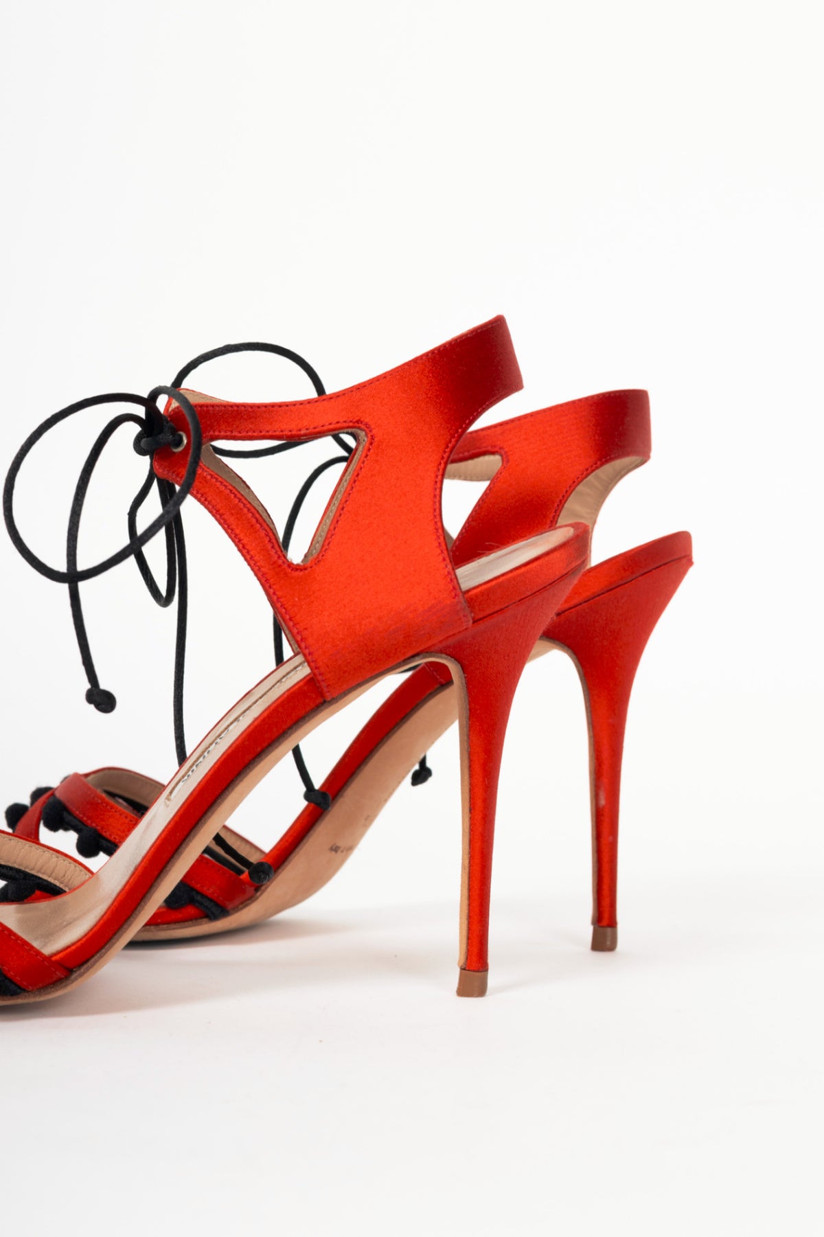 Manolo Blahnik Esparra Red Silk Pompom Tie Sandals