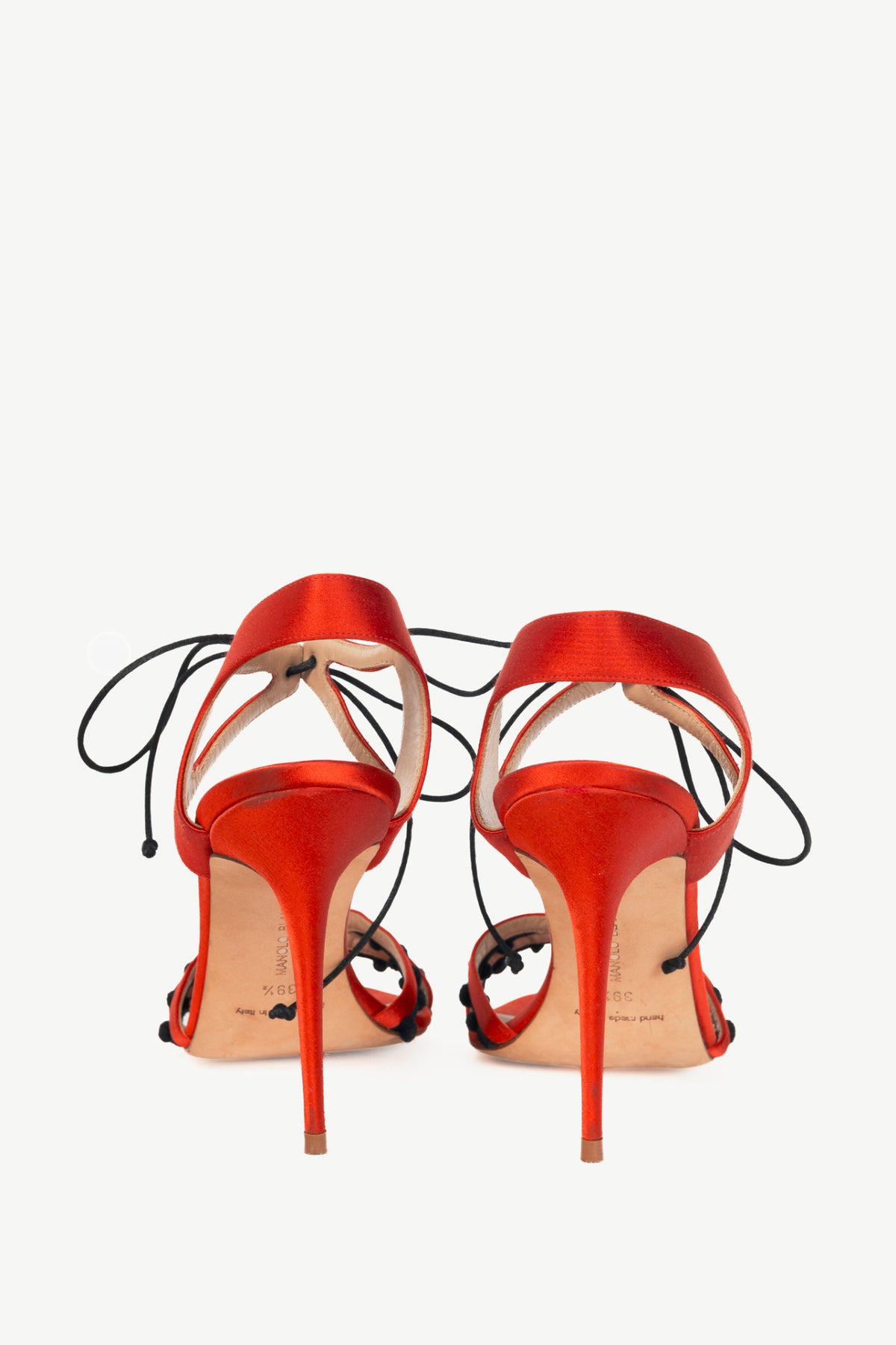 Manolo Blahnik Esparra Red Silk Pompom Tie Sandals