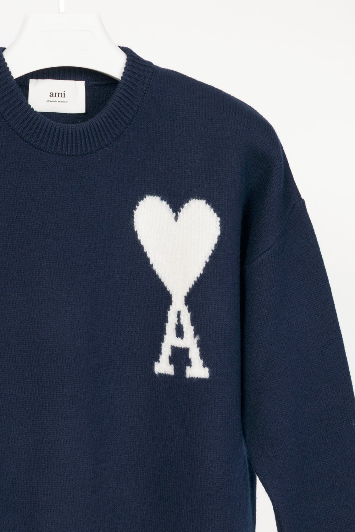 AMI Nautic Blue & White Wool Ami De Coeur Crewneck Sweater