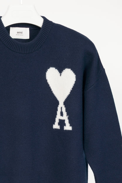 AMI Nautic Blue & White Wool Ami De Coeur Crewneck Sweater