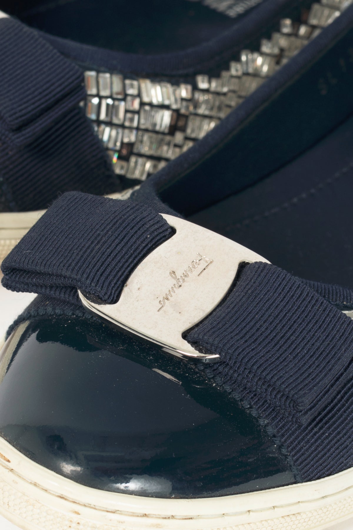 Salvatore Ferragamo Ruffina Navy Embellished Bow Flats