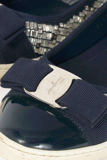 Salvatore Ferragamo Ruffina Navy Embellished Bow Flats